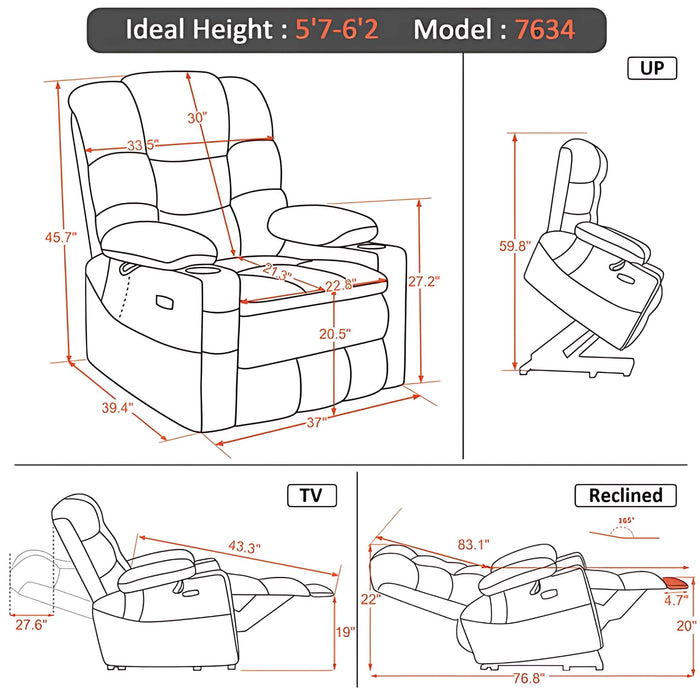 MCombo Large Dual Motor Power Lift Recliner Chair 7634 in Dark Brown Color Dimensions