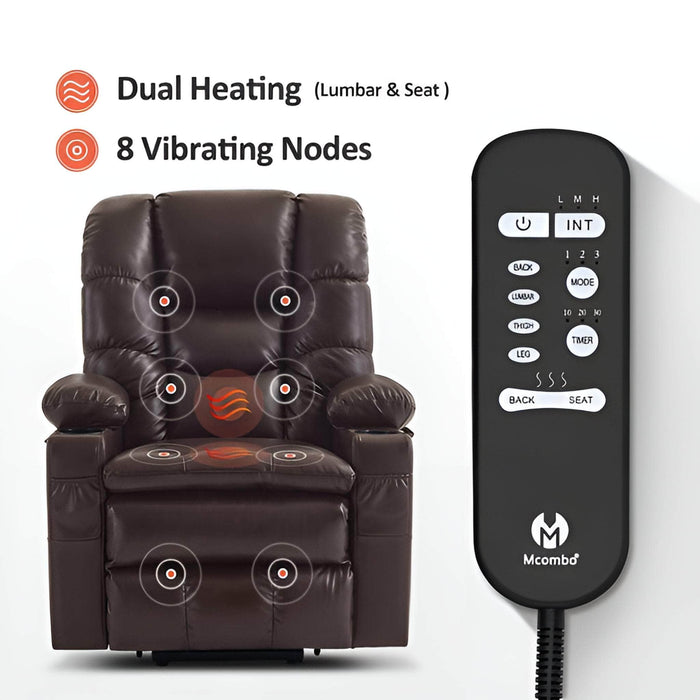 MCombo Large Dual Motor Power Lift Recliner Chair 7634 in Dark Brown Color Dual Heating and 8 Vibrating Nodes