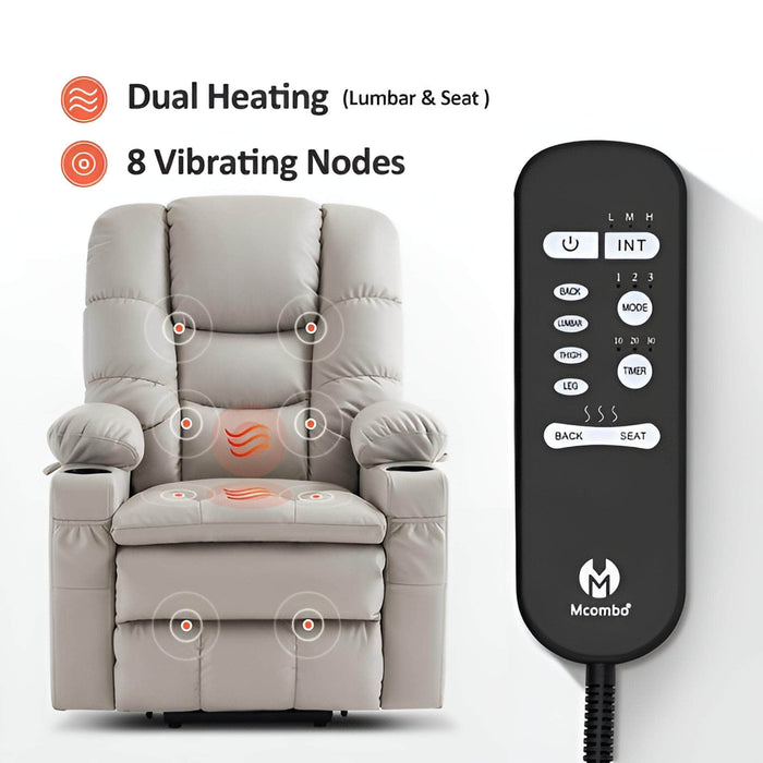 MCombo Large Dual Motor Power Lift Recliner Chair 7634 in Light Grey Color Dual Heating and 8 Vibrating Nodes