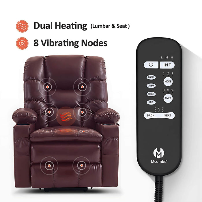 MCombo Large Dual Motor Power Lift Recliner Chair 7634 in Wine Color Dual Heating and 8 Vibrating Nodes