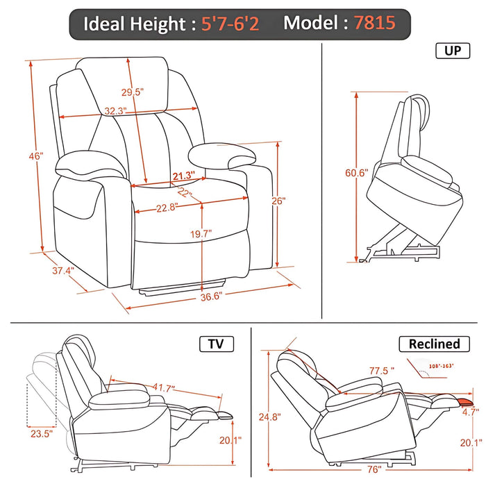 MCombo Large Dual Motor Power Lift Recliner Chair 7815 Dimensions