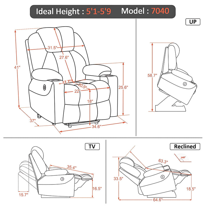 MCombo Medium-Size Power Lift Recliner Chair 7040 Dimensions