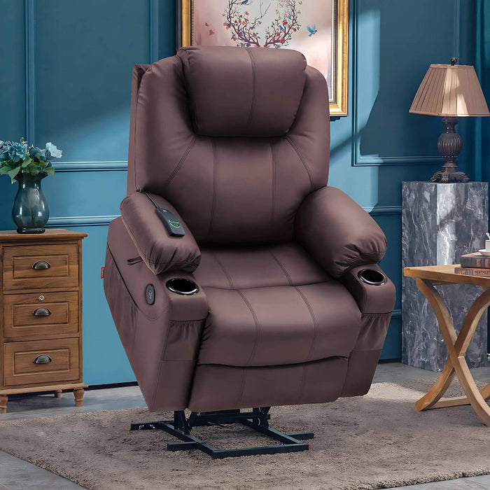 MCombo Medium-Size Power Lift Recliner Chair 7040 Faux Leather in Light-Brown Color in Room