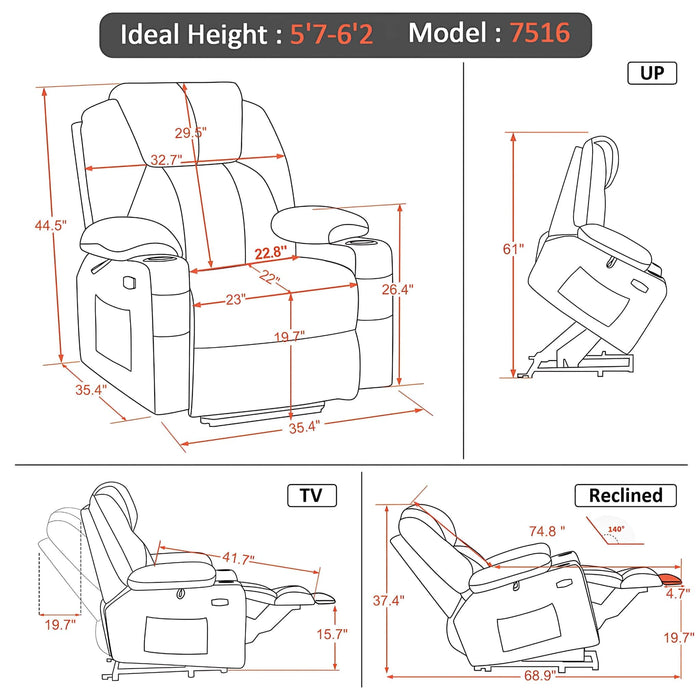 MCombo Large Size 7516 Power Lift Recliner Chair 7040 Series Faux Leather Dimensions