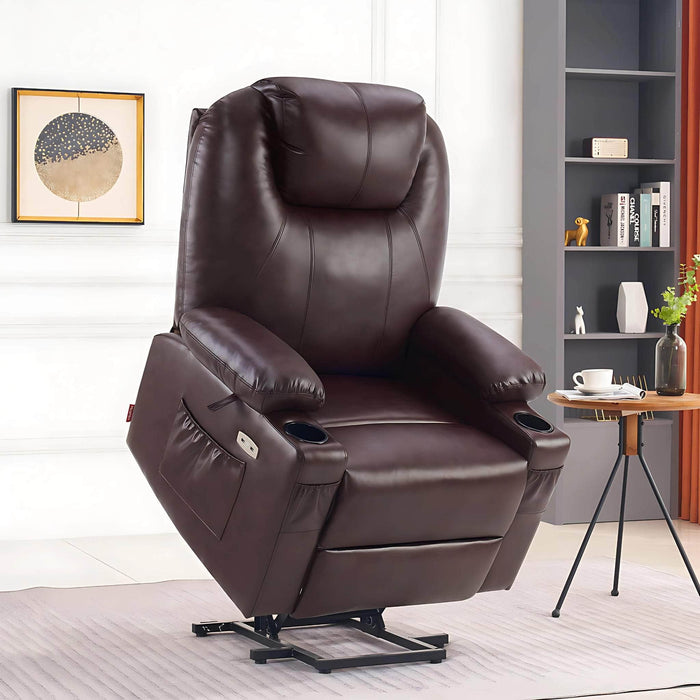 MCombo Large Size 7516 Power Lift Recliner Chair 7040 Series Faux Leather in Dark Brown Color in Room