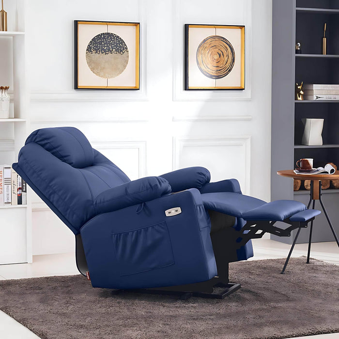 MCombo Large Size 7516 Power Lift Recliner Chair 7040 Series Faux Leather in Blue Color in Room Reclining