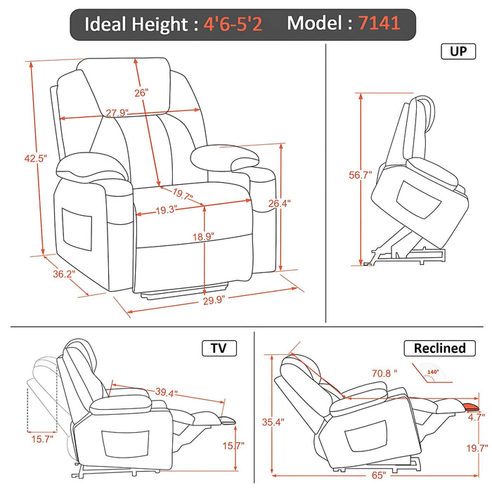 MCombo Small Size 7141 Power Lift Recliner Chair 7040 Series Faux Leather Dimensions