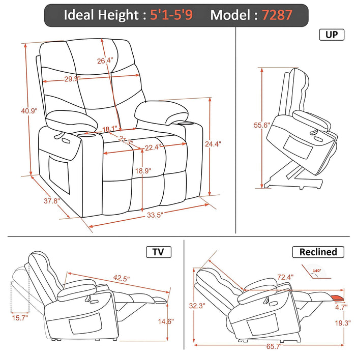 MCombo Medium-Regular Power Lift Recliner Chair 7287 Series in Dimensions