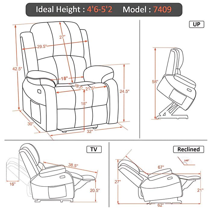 MCombo Power Lift Recliner Chair 7409 Dimensions