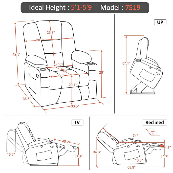 MCombo Medium Power Lift Recliner Chair 7519 Faux Leather Dimensions