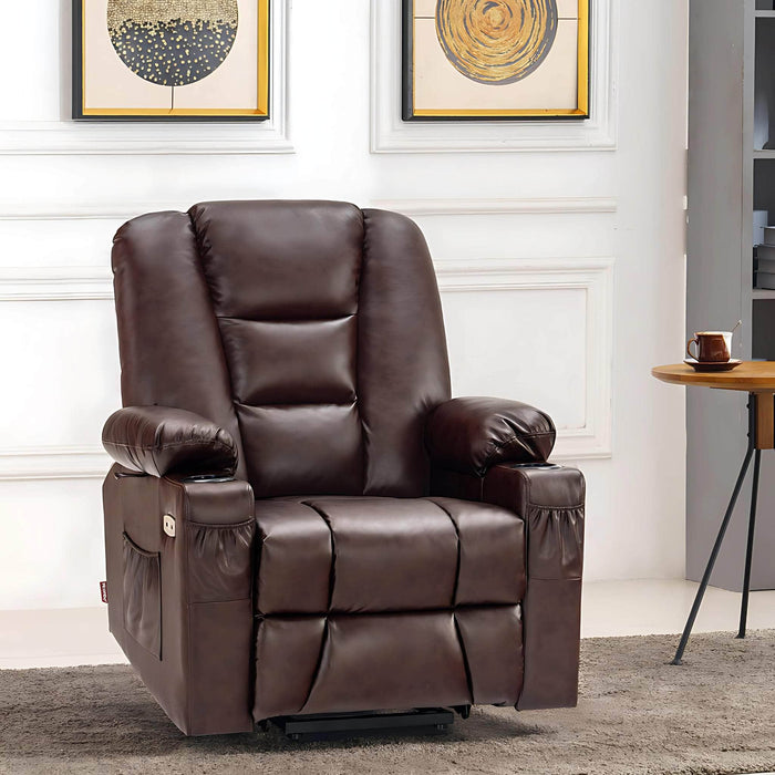 MCombo Small Power Lift Recliner Chair 7569 Faux Leather in Dark Brown Color in Room