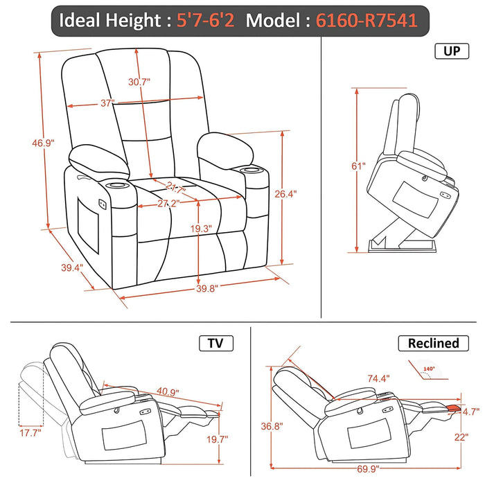 MCombo Large-Wide Power Lift Recliner Chair 6160-R7541 Faux Leather Dimensions