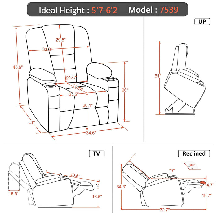 MCombo Large-Regular Power Lift Recliner Chair 7539 Faux Leather Dimensions