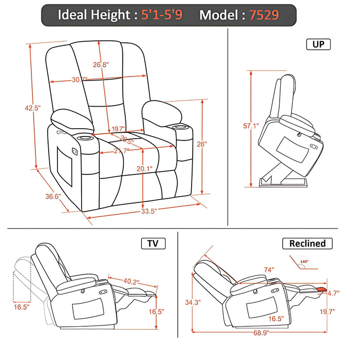 MCombo Medium-Regular 7529 Power Lift Recliner Chair Dimensions