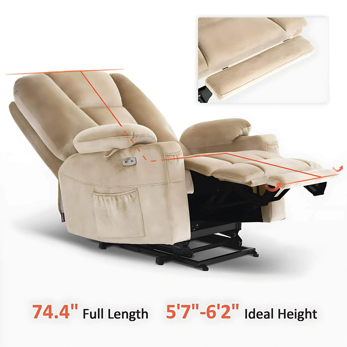 MCombo Large-Wide R7541 Power Lift Recliner Chair in Beige Color Full Length and Ideal Height