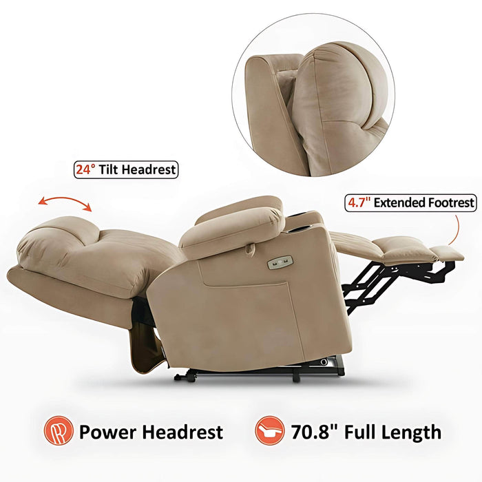 MCombo Small Dual Motor Power Lift Recliner Chair 7222 in Beige Color Power Headrest and 70.8 inch Full Length