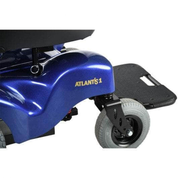 Merits Health Atlantis Heavy Duty Power Wheelchair Color Blue Right Side View Wheel and Footrest