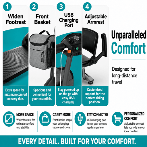 “Metro Mobility Air Classic mobility scooter with USB charging port for mobile devices.”