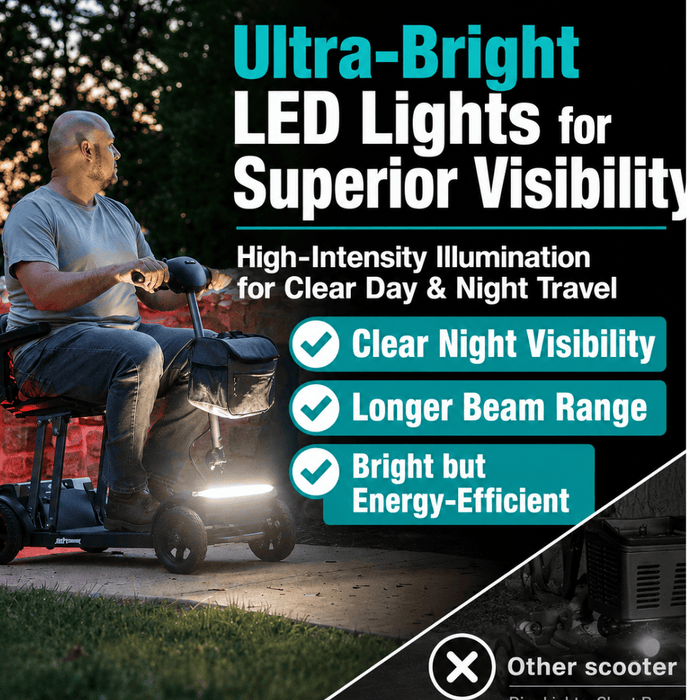 Metro Mobility Air Classic scooter with front storage basket for personal belongings.