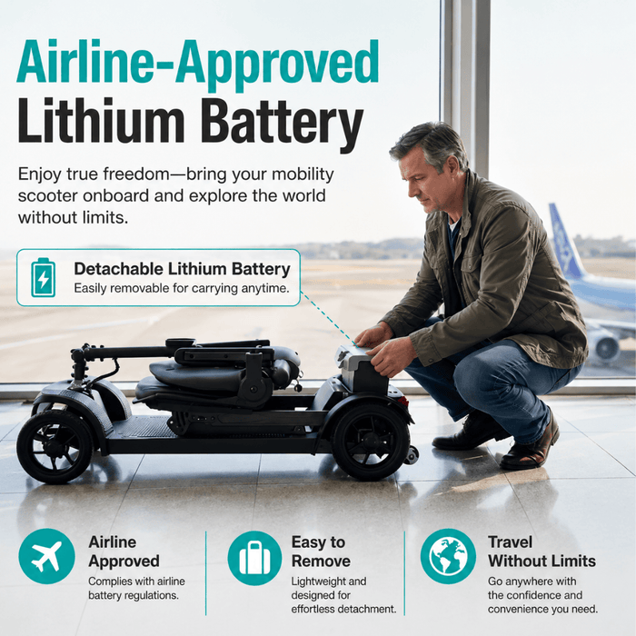 Metro Mobility Air Classic scooter with detachable airline-approved lithium battery.