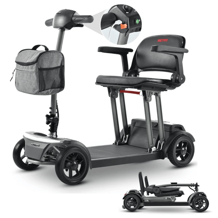 “Metro Mobility Air Classic folded for compact storage and easy transportation.”