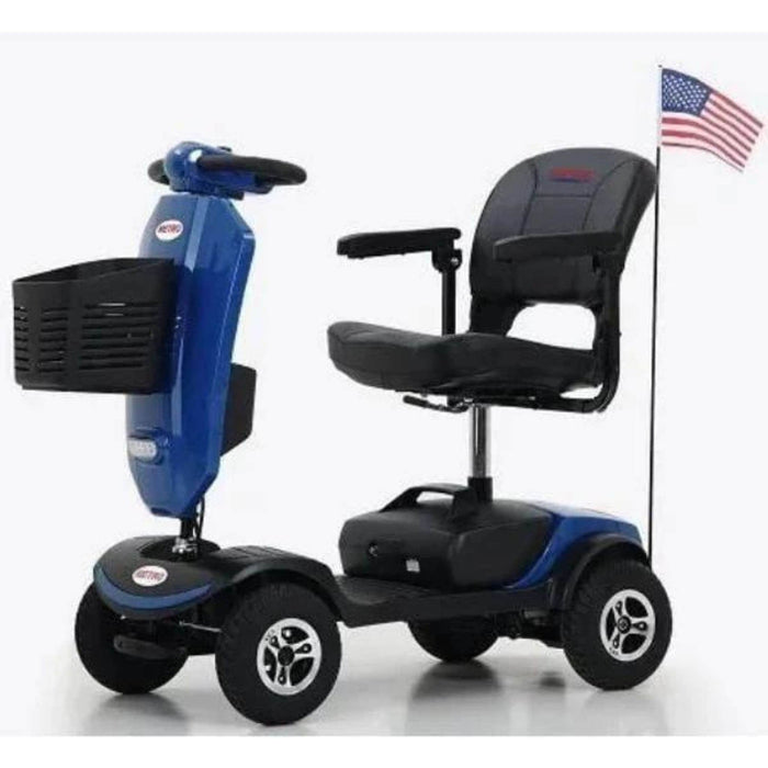 Metro Mobility Patriot Scooter Color Blue Left Side View with Front Basket and USA Flag at the Back