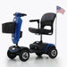 Metro Mobility USA Patriot Color Blue Front Side View with Basket and USA Flag at the Back