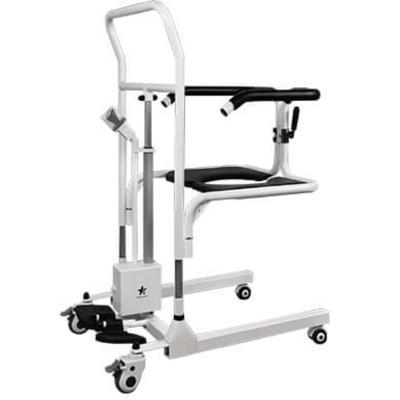 StarSleep CareLift electric transfer lift chair for seniors side angle view with padded armrests and locking casters