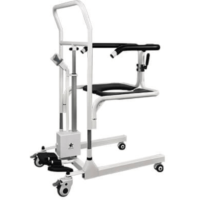 StarSleep CareLift electric transfer lift chair for seniors side angle view with padded armrests and locking casters