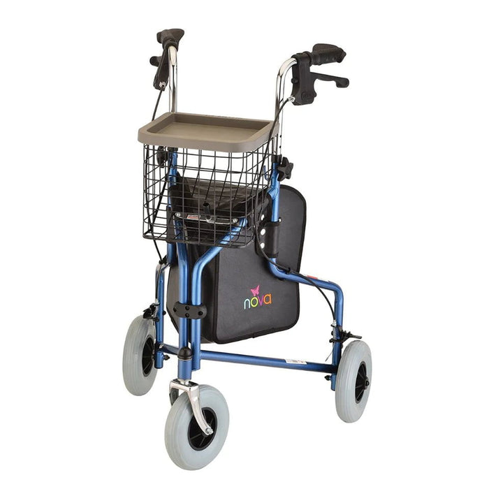 Nova Medical Traveler 3 Wheel Rollator Walker - 8” Wheels, Includes Bag, Basket and Tray