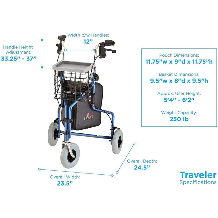 Nova Medical Traveler 3 Wheel Rollator Walker - 8” Wheels, Includes Bag, Basket and Tray
