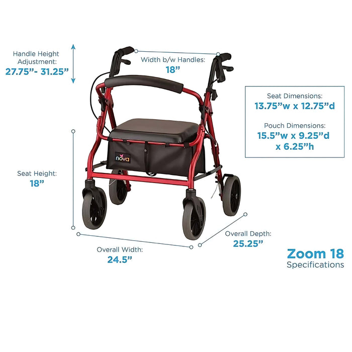 Nova Medical Zoom Series Lightweight Folding Rollators Color Red Size