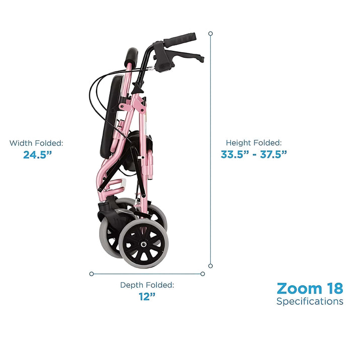 Nova Medical Zoom Series Lightweight Folding Rollators Pink Folded Size