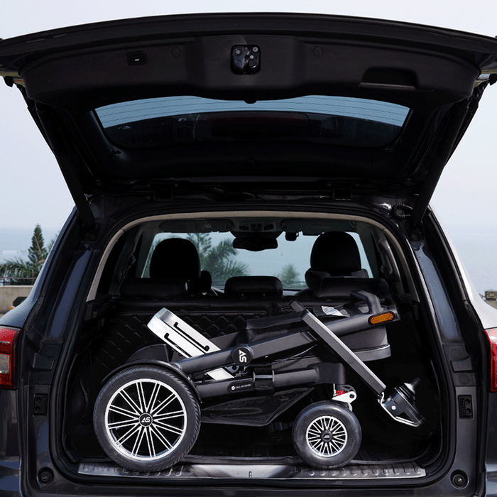 OAS Adventure Pro All-Terrain Electric Wheelchair - folded in vehicle