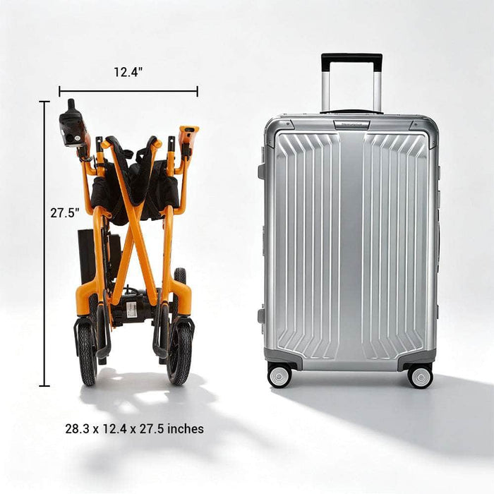 OAS Air Carbon Electric Wheelchair folded next to a carry-on suitcase