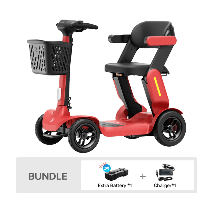 Paiseec s3 Red mobility scooter with black seat and basket, including an extra battery and charger, on a white background.