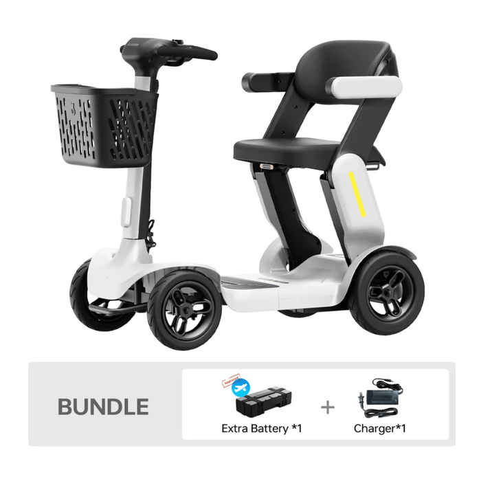 Paiseec s3 White scooter with black seat and basket, including an extra battery and charger, on a white background.