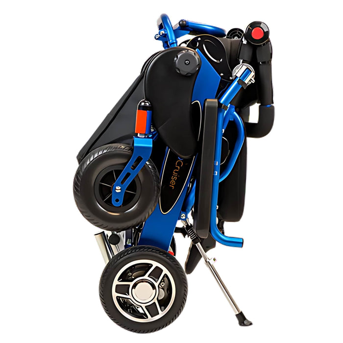 PathwayMobilityGeoCruiserEliteLXFoldingElectricWheelchairColorBlueStandingFolded