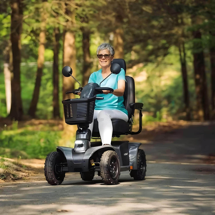 Pride Pursuit Scooter Front View Color Black Driving Outdoor with a Women