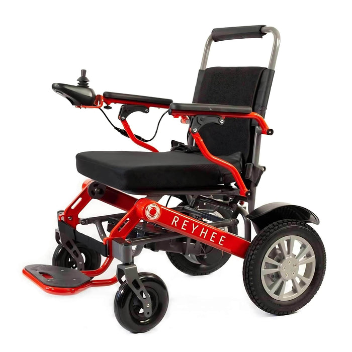 ReyheeRoamerFoldingElectricWheelchairColorOrangeLeftSideView