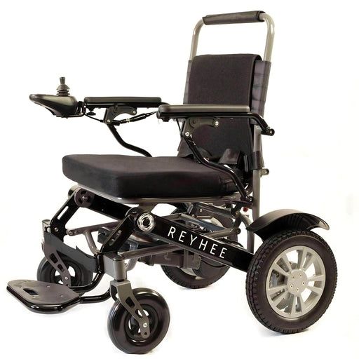 ReyheeRoamerFoldingElectricWheelchairColorBlackFrontLeftSideView