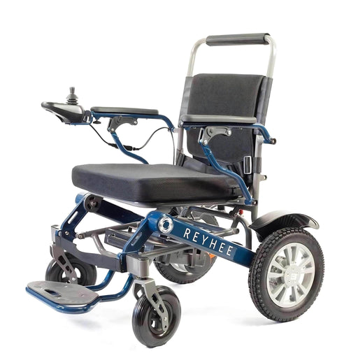 ReyheeRoamerFoldingElectricWheelchairColorBlueFrontLeftSideView