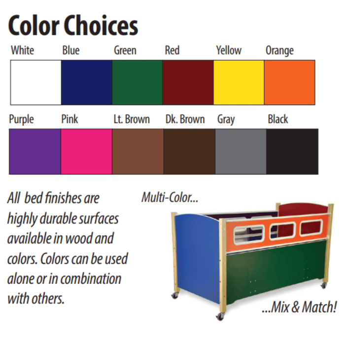 SLeep Bed Safe 2Color choice chart with a sample multi-colored bed frame below.