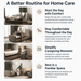 starsleep arlo rotating bed  'A Better Routine for Home Care' showing four lifestyle scenes of a person using an adjustable upholstered bed frame in a bedroom. Each panel includes a small icon and text describing benefits: starting the day with comfort, staying comfortable throughout the day, simplifying caregiving moments, and resting in a familiar space.