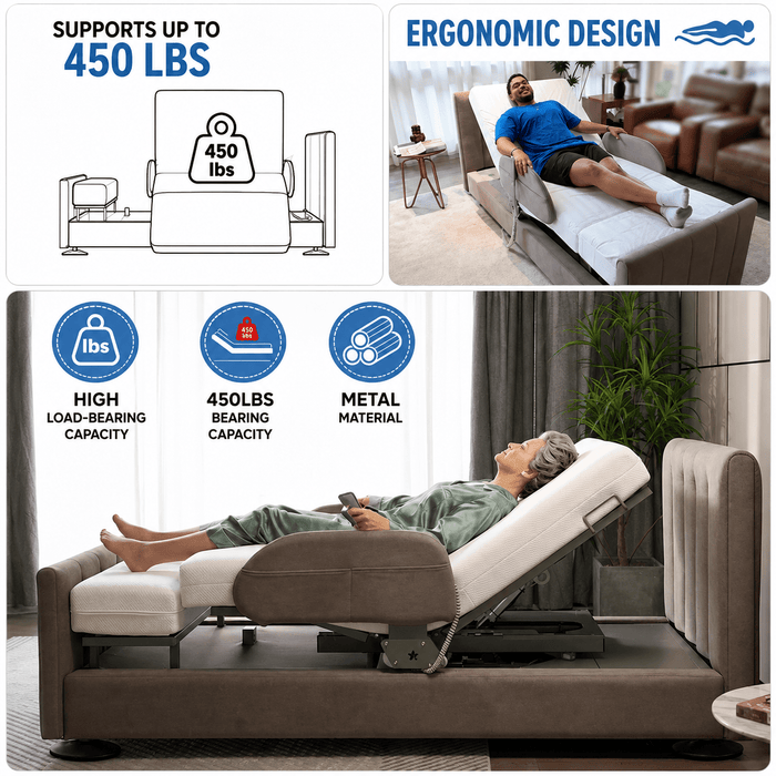 An starsleep arlo rotating bed  'A Better Routine for Home Care' showing four lifestyle scenes of a person using an adjustable upholstered bed frame in a bedroom. Each panel includes a small icon and text describing benefits: starting the day with comfort, staying comfortable throughout the day, simplifying caregiving moments, and resting in shown in a home setting with an older woman lying down, alongside informational graphics highlighting 450 lbs support, ergonomic design, and high load-bearing capacity.