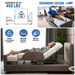 An starsleep arlo rotating bed  'A Better Routine for Home Care' showing four lifestyle scenes of a person using an adjustable upholstered bed frame in a bedroom. Each panel includes a small icon and text describing benefits: starting the day with comfort, staying comfortable throughout the day, simplifying caregiving moments, and resting in shown in a home setting with an older woman lying down, alongside informational graphics highlighting 450 lbs support, ergonomic design, and high load-bearing capacity.