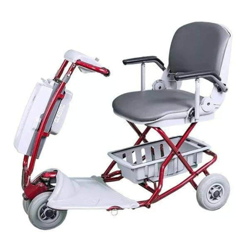 Tzora Classis Lexis Light Foldable Mobility Scooter Easy Travel - Color Red Frame With White and Gray Chair - Left Side View