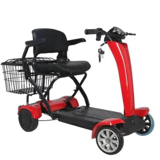 Tzora Lite E Fold Mobility Scooter Color Red Front Right Side View With Back Basket