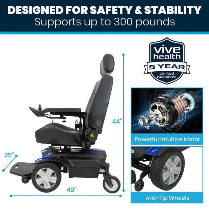 Vive Health Electric Wheelchair Model V - Designed For Safety and Stability Support Up to 300 Pounds