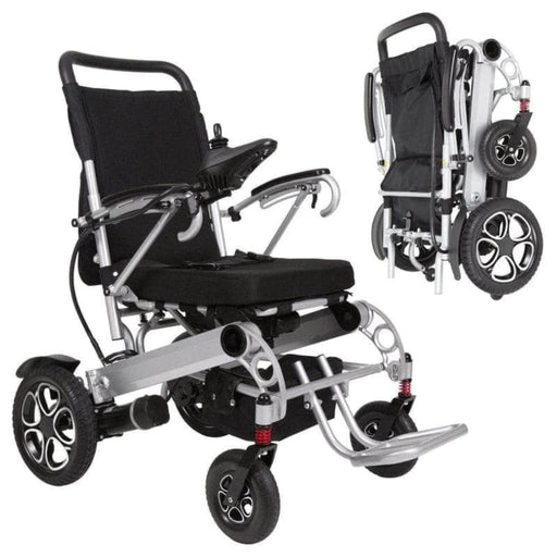 Power Wheelchair - Foldable Long Range Transport Aid - Color Black Front Right Side View and Folded